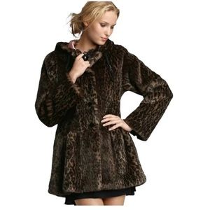 Free People About Town Hooded Coat Faux Fur Leopard Animal Print Jacket Large